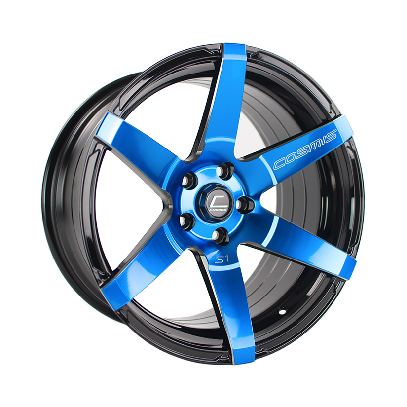 Cosmis Racing S1 Wheel Rim 18x9.5 5X114.3 ET15 Black w/ Blue Face & Milled Spokes