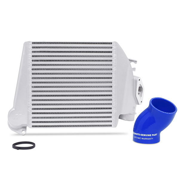 Mishimoto Subaru WRX Top-Mount Intercooler, 2008–2014 Silver Cooler Blue Hoses