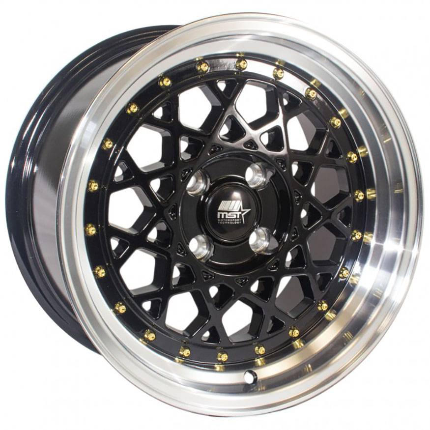 MST Fiori Wheel Rim 15x8 4x100 ET20 73.1 Black w/Machined Lip Gold Rivets