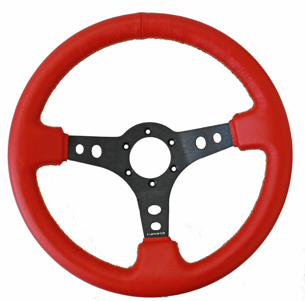 NRG  320mm Sport Leather Steering Wheel Red Leather w/ Yellow Stitching