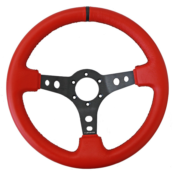 NRG  350mm Sport Steering Wheel (3" Deep) Red Lthr w/ Blk Stitching w/Blk Strp