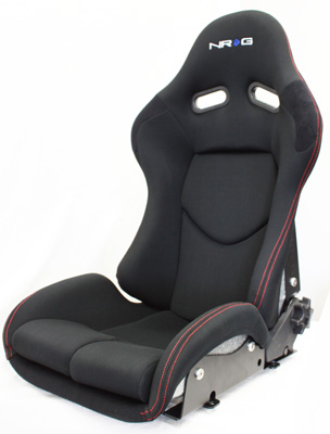 NRG  Reclinable FRP Bucket Seat, black cloth, red stitching w/ Metalic Silver backing