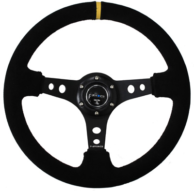 NRG  350mm Sport Steering Wheel (3" Deep) - Suede w/ Yellow Center Mark