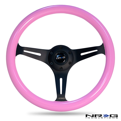 NRG  Classic Wood Grain Wheel, 350mm 3 black spokes, solid pink painted grip