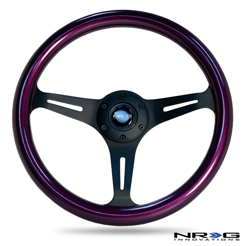NRG  Classic Wood Grain Wheel, 350mm 3 black spokes, purple pearl/flake paint