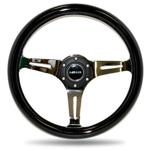 NRG  Classic Wood Grain Wheel - 350mm 3 Brushed alluminum spokes - Black Grip