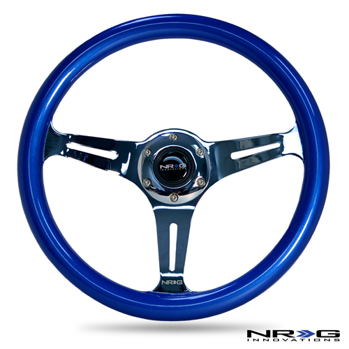 NRG  Classic Wood Grain Wheel, 350mm 3 chrome spokes, blue pearl/flake paint