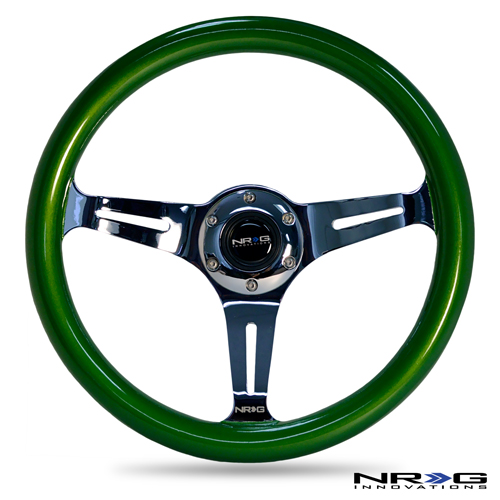 NRG  Classic Wood Grain Wheel, 350mm 3 chrome spokes, green pearl/flake paint