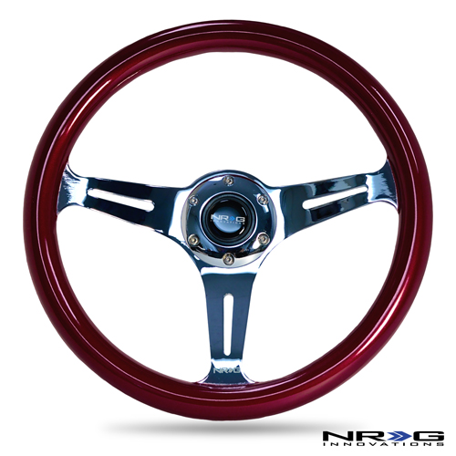 NRG  Classic Wood Grain Wheel, 350mm 3 chrome spokes, red pearl/flake paint