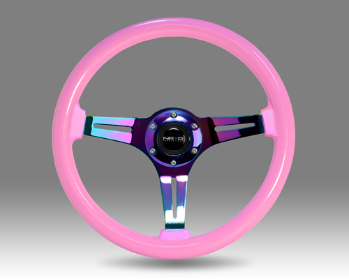 NRG  Classic Wood Grain Wheel, 350mm 3 Neochrome spokes, solid pink painted grip