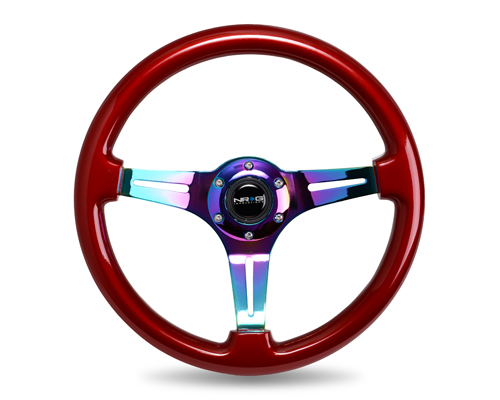 NRG  Classic Wood Grain Wheel - 350mm 3 Neochrome spokes - Red grip