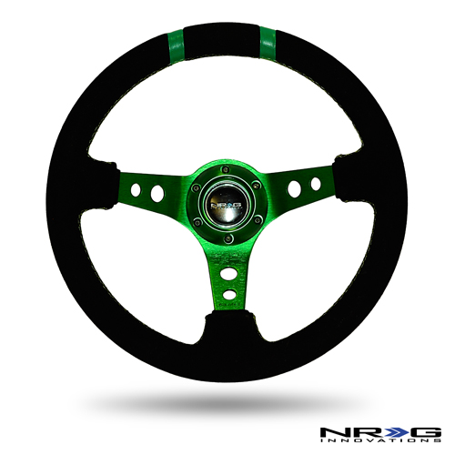 NRG  350mm Suede Sport Wheel (3" Deep) Green w/ Green Double Center Marking