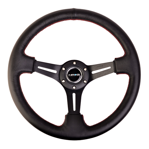 NRG  350mm Sport Steering Wheel (3" Deep) Black Leather with Red Stitching