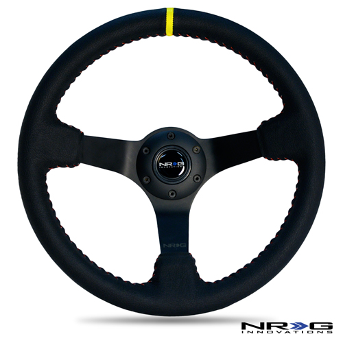 NRG  350mm Sport wheel  - Black Leather, Red Baseball Stitch, Black spoke - Yellow stripe