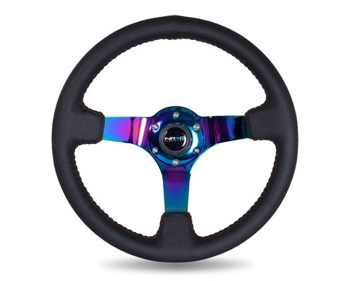NRG  350mm Sport wheel  - Black Leather, Red Baseball Stitch, Neochrome spokes