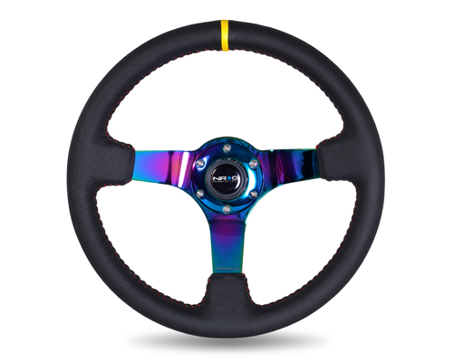 NRG  350mm Sport wheel  - Black Leather, Red Baseball Stitch, Neochrome - Yellow stripe