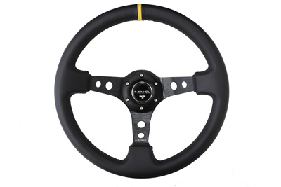 NRG  350mm Sport Steering Wheel (3" Deep) - Leather w/ Yellow Center Mark