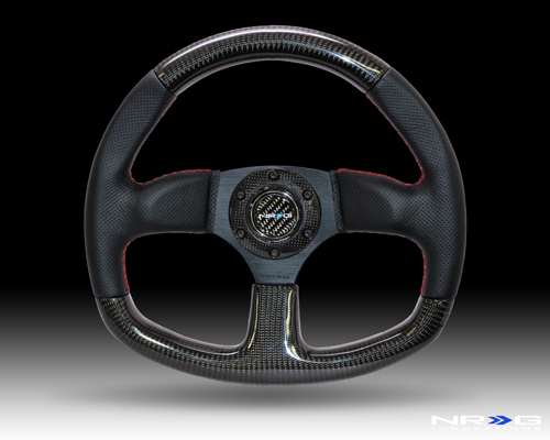 NRG  320mm Flat Bottom Carbon Fiber Steering Wheel with Red Stitching