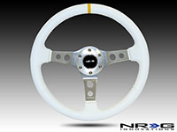 NRG  350mm Sport Steering Wheel (3" Deep) - White Leather w/ Yellow Center Mark